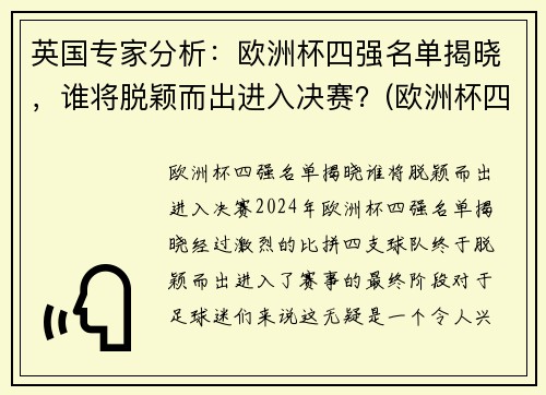 英国专家分析：欧洲杯四强名单揭晓，谁将脱颖而出进入决赛？(欧洲杯四强是哪几个队)