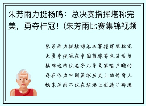 朱芳雨力挺杨鸣：总决赛指挥堪称完美，勇夺桂冠！(朱芳雨比赛集锦视频)