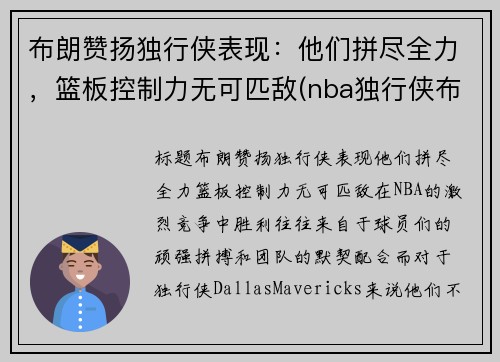 布朗赞扬独行侠表现：他们拼尽全力，篮板控制力无可匹敌(nba独行侠布朗)