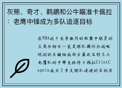 灰熊、奇才、鹈鹕和公牛瞄准卡佩拉：老鹰中锋成为多队追逐目标